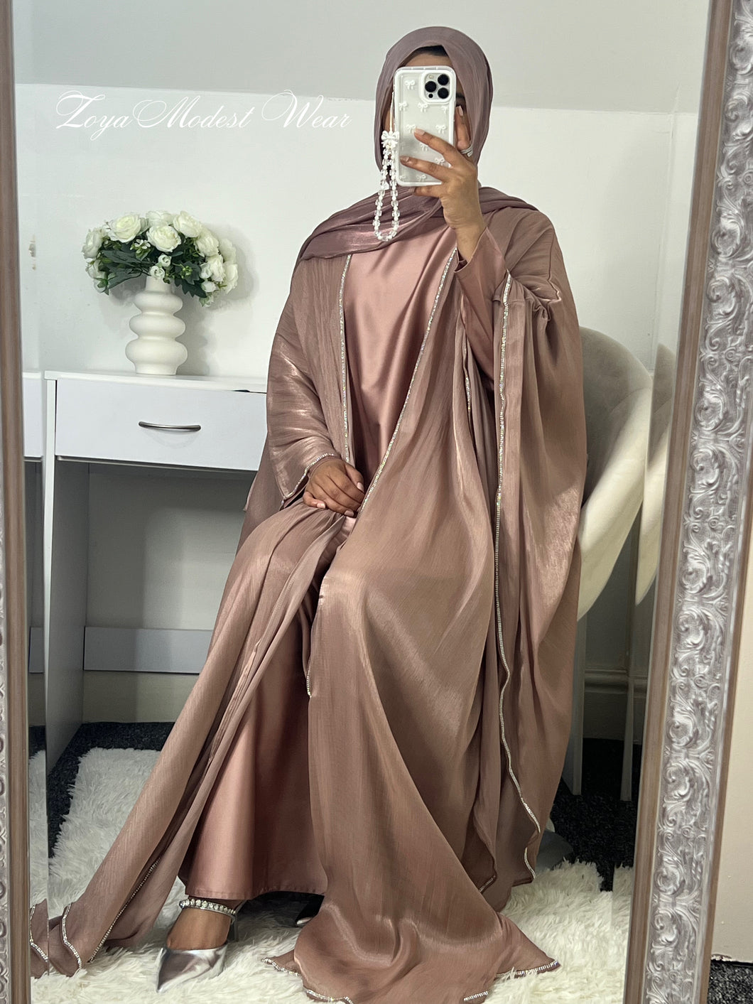 luxury abaya, organza abaya, abaya set, Pink abaya set